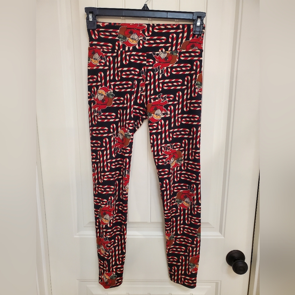 Lularoe Christmas Leggings - Red and Black Candy Cane Print
